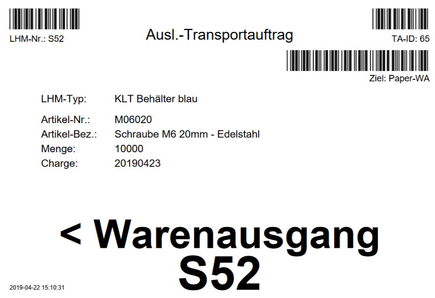 my-Lagerverwaltungssoftware Paket WMS Paper: Transportbeleg Ganzauslagerung